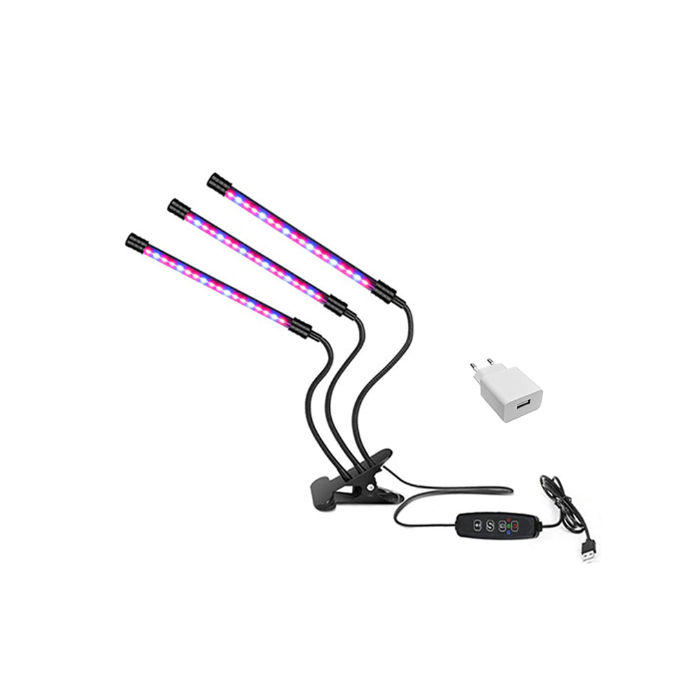 Lampa UV full spectrum pentru cresterea plantelor, 3 brate flexibile,30 w,  temporizator , 9 trepte intensitate, Alimentator USB inclus